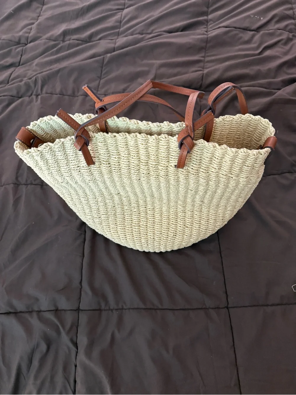 Mango Woven Straw Raffia Tote Bag Cream Leather Handles Summer Beach Bag - Picture 3 of 5